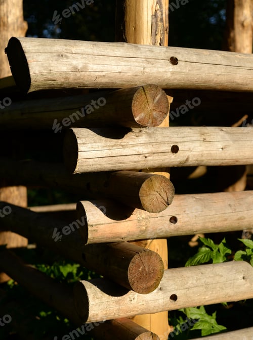 Preview: Wall Of A Rural Log House At Sunny Day.