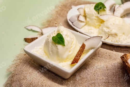 Preview: Lactose Free Coconut Ice Cream. Special Spoon, Halves Of Fruit, Flakes. Vegan Dessert Concept