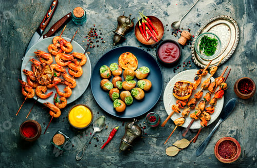 Preview: Grilled Shrimp And Mussels On Wooden Stick