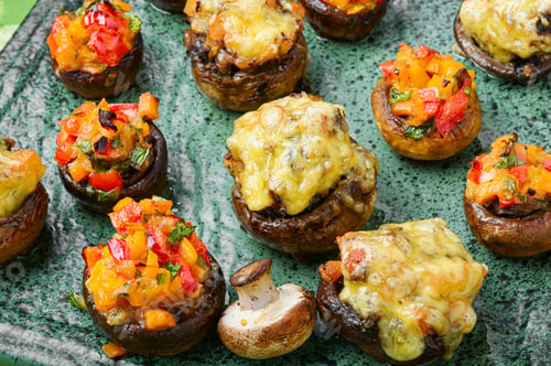 Preview: Italian Stuffed Mushroom Caps Stuffed On Plate.Autumn Food