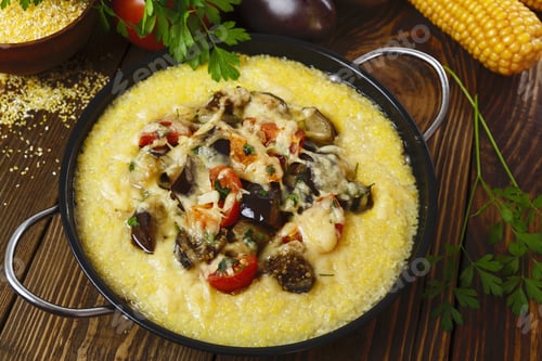 Preview: Polenta Baked With Vegetables And Cheese On The Table