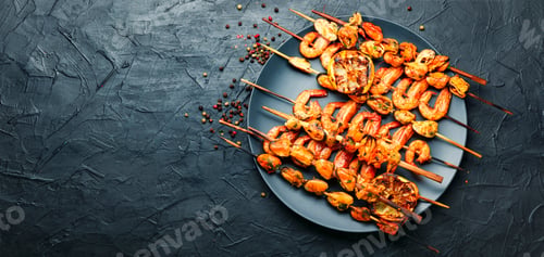 Preview: Delicious Roasted Shrimps And Mussels On Wooden Skewers