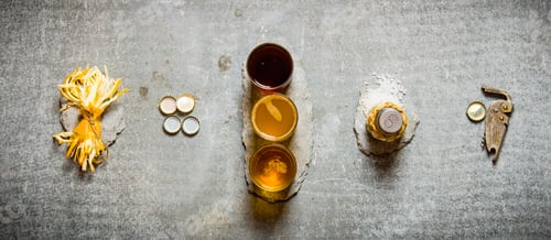 Preview: Three Beers ,Salty Cheese, Covers,Salt And Bottle Opener On A Stone Background. Top View