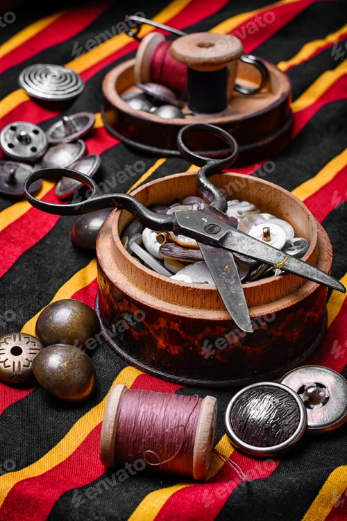 Preview: Scissors ,Iron, Stylish Old-Fashioned Buttons And Thread
