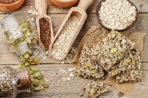 Preview: Healthy Snack - Crispy Cereal Cookies On Old Wooden Table And Ingredients: Oat Flakes, Flax Seed