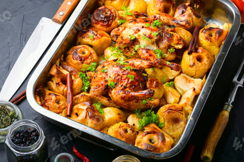 Preview: Delicious Baked Partridge With Apples In An Iron Tray.