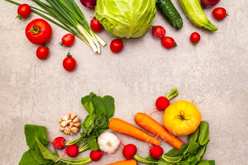 Preview: Assortment Fresh Organic Vegetables. Food Cooking Stone Background. Healthy Vegetarian (Vegan)