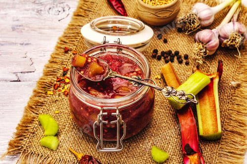 Preview: Chutney From Rhubarb. Set Of Ingredients And Spices For Cooking. White Rustic Wooden Background