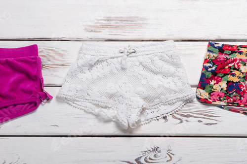 Preview: Beautiful White Knitted Shorts. Collection Of New Shorts With Different Prints.