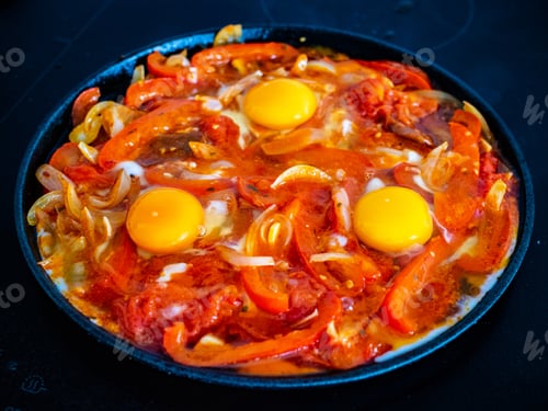 Preview: Shakshuka - Fried Eggs With Chorizo And Vegetables In Frying Pan
