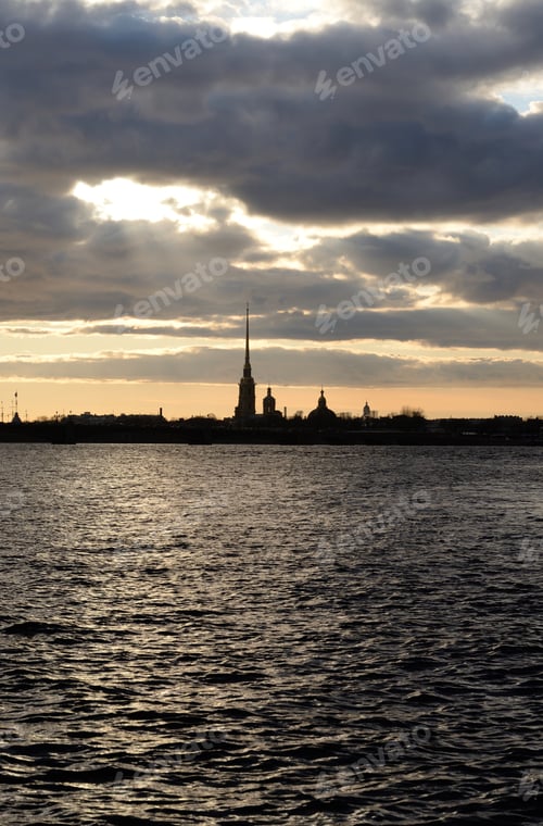 Preview: Silhouette Of The Peter And Paul Fortress And Neva River At Sunset In St.Petersburg, Russia.