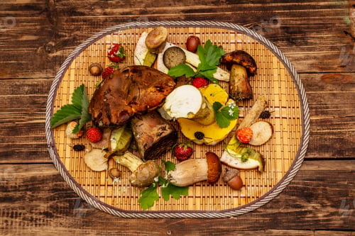 Preview: Fresh Forest Mushrooms. Assorted Gourmet Porcini And Boletus, Oak Leaves, Strawberries. Old Wood