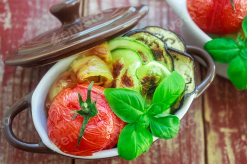 Preview: Vegetables, The Roasted - Eggplant, Zucchini, Tomatoes, Peppers And Garlic. Dietary Nutrition. Soft