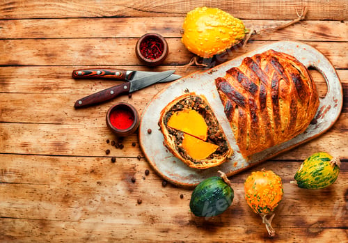 Preview: Wellington Pumpkin,Loaf Of Bread Stuffed With Baked Mushrooms And Pumpkin.Copy Space