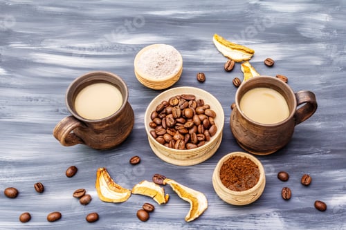 Preview: Mushroom Chaga Coffee Superfood Trend. Сeramic Bowls And Cups, Coffee Beans, Dry Mushrooms, Powder