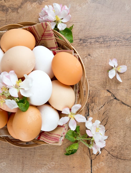 Preview: Beautiful Farm Eggs And Apple Blossoms On Wooden Surface