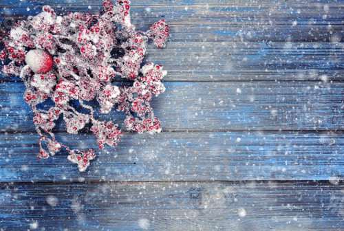 Preview: Winter Christmas Background With Fir Branches Cones And Snow On Blue Wooden Texture