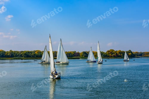 Preview: Many Yachts At River Dnieper On Autumn In Kremenchug, Ukraine. Sailing Regatta