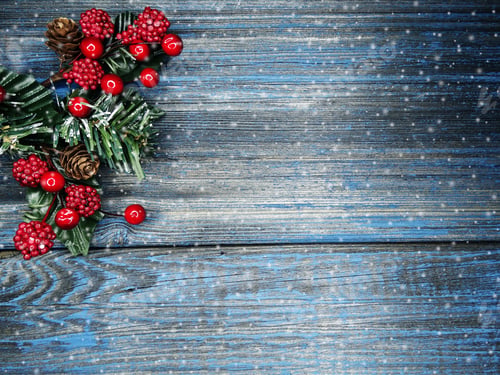 Preview: Christmas Background Fir Tree Branch With Cones And Snow On Wooden Blue Board