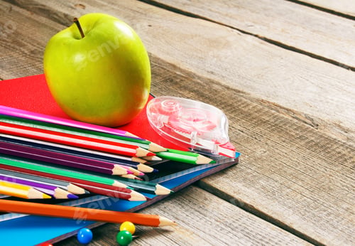 Preview: School Tools. On A Wooden Background.
