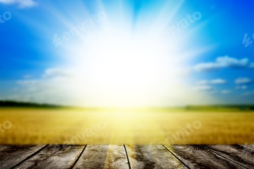 Preview: Wood Floor Over Yellow Wheat Field Under Nice Sunset Cloud Sky Background