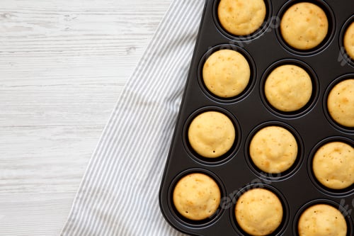 Preview: Homemade Cornbread Muffins, Top View. Flat Lay, Overhead, From Above. Copy Space.