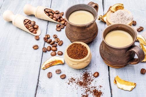 Preview: Mushroom Chaga Coffee Superfood Trend. Сeramic Bowls And Cups, Coffee Beans, Dry Mushrooms, Powder