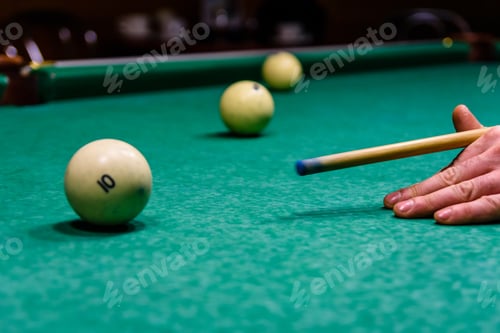 Preview: Player Arm With The Cue And Balls On A Green Cloth. Russian Billiard