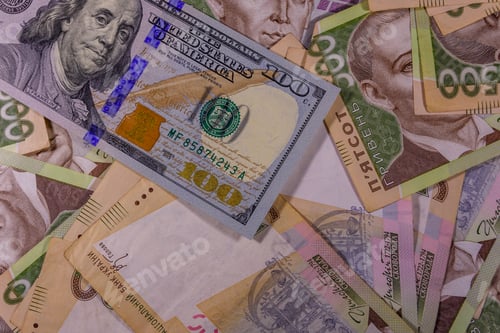 Preview: American One Hundred Dollars Banknote On Many Ukrainian Hryvnas