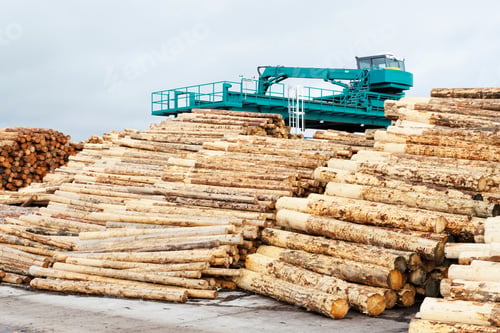 Preview: Sawmill Wooden Logs Cut With Bark Removed Stacked For Sale With Machinery In Background
