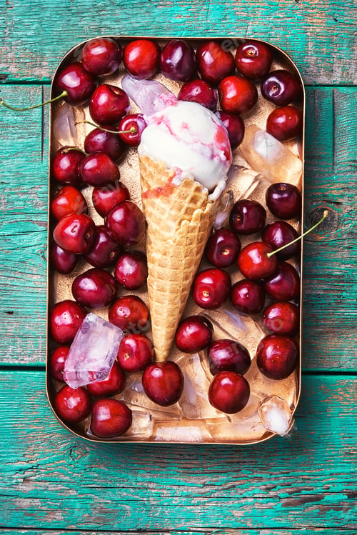 Preview: Ice Cream In A Waffle With Cherry On Stylish Background