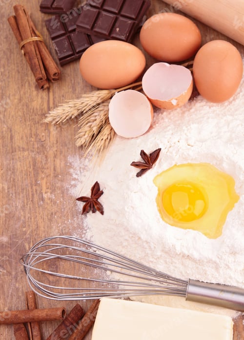 Preview: Baking Ingredient On Wood Background