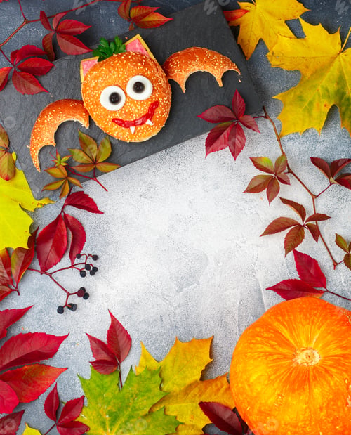 Preview: Halloween Burger (Sandwich) Of Sesame Bun, Sausage Or Ham, Cheese, Tomato Ketchup, Eggs, Olives And