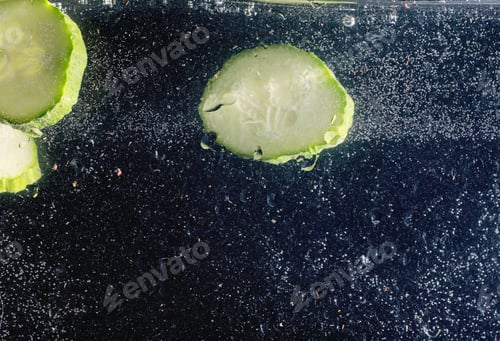 Preview: Water Drops On Ripe Cucumber. Fresh Vegetables Background With Copy Space For Your Text. Vegan And