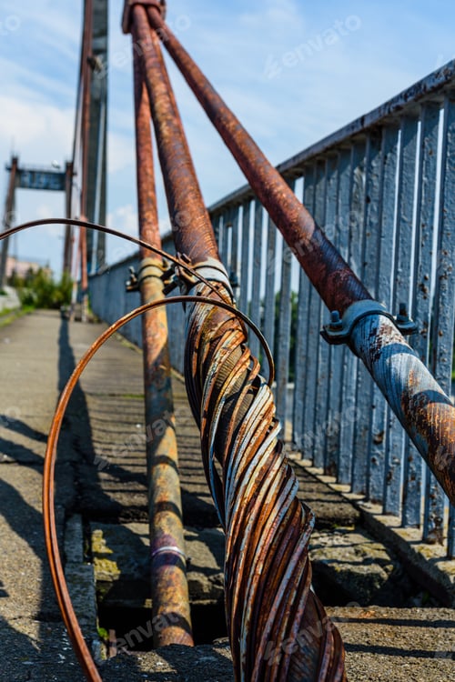 Preview: Old Rusty Steel Rope Of Bridge. Closeup