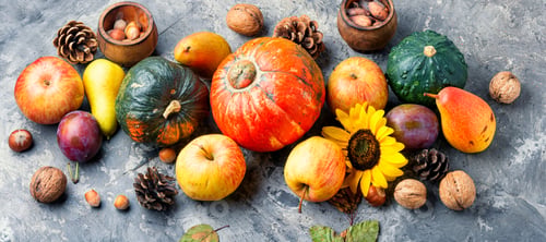 Preview: Autumn Composing With Pumpkin, Fruit And Fall Leaves