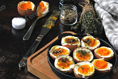 Preview: Halved Boiled Eggs With Shells. Stylish Breakfast With Eggs. Keto Snack Soft Boiled Eggs.