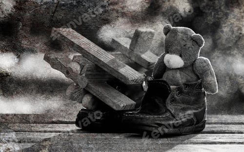 Preview: Old Scratched Photo Teddy Bear Monochrome