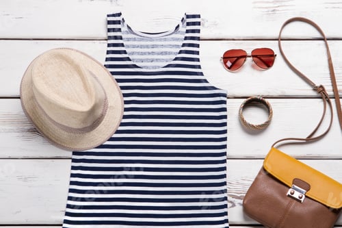 Preview: Aviator Sunglasses And Wicker Hat. Woman'S Trendy Wear On Display. Colorful Bracelet With Fedora