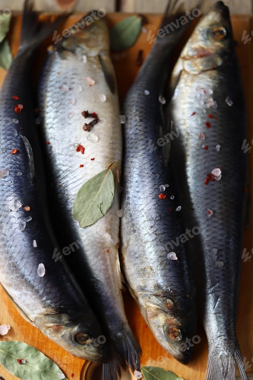 Preview: Selective Focus. Freshly Salted Herring With Spices. Norwegian Herring.