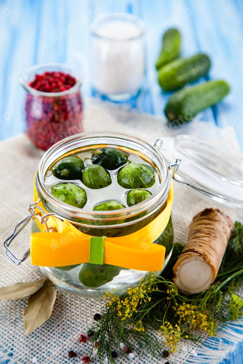Preview: Raw Cucumbers, Horseradish And Fennel On Wooden Background