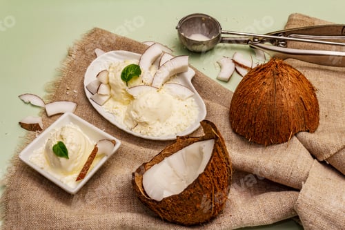 Preview: Lactose Free Coconut Ice Cream. Special Spoon, Halves Of Fruit, Flakes. Vegan Dessert Concept