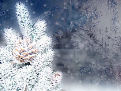 Preview: Winter Christmas Background With Fir Branches Cones And Snow On Blue Wooden Texture
