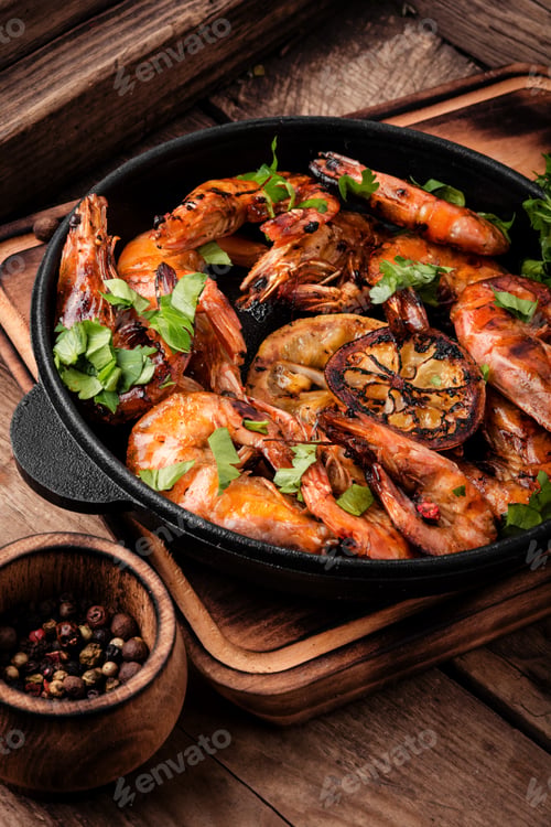 Preview: Roasted Prawns On Iron Cast Pan.Grilled Seafood
