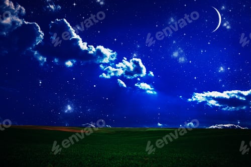 Preview: Green Night Field. Star Sky