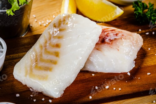 Preview: Fresh Raw Cod With Herbs And Vegetables Served On Cutting Board On Wooden Table