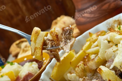 Preview: Kiusaus , Finnish Gratiin, Finnish Cuisine, Traditional Assorted Dishes, Top View.