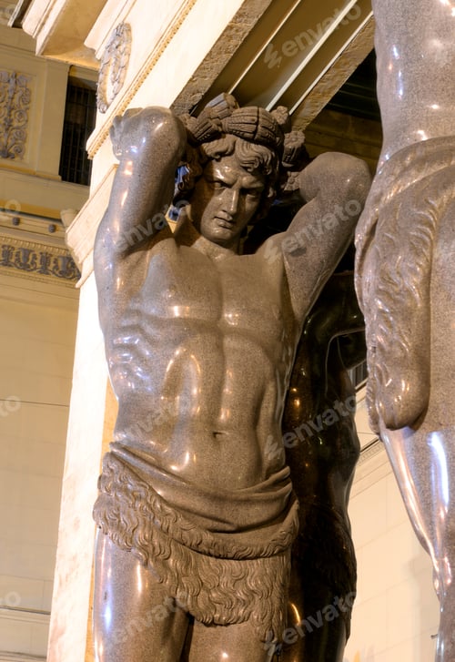 Preview: Statue Of The Atlantean In Building Of New Hermitage In Center Of St.Petersburg At Night, Russia.