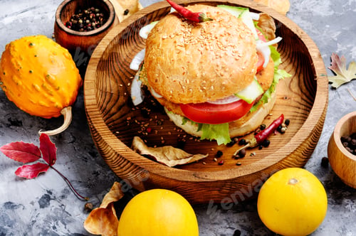 Preview: Diet Hamburger With Fresh Vegetables And Pumpkin Cutlet.Diet Hamburger With Vegetables.