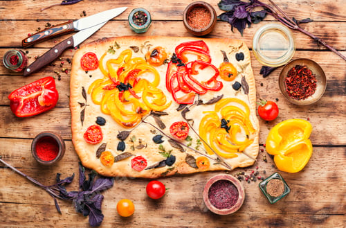 Preview: Fresh Baked Focaccia Bread.Italian Focaccia With Bell Pepper,Tomatoes And Basil